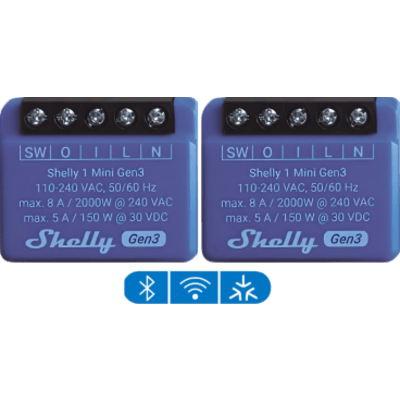 SHELLY1MINIGEN3X2 - Relé Inteligente Wi-Fi / 1 Canal / 8 A (2000 W) / Contacto Seco / Ultra Compacto / Control por Voz / 2.4 GHz