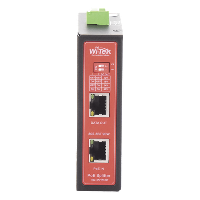 WIPOE55SBTIDC - Splitter PoE Industrial / Entrada 90 W 802.3bt / Salida DC Seleccionable 12V/16V/24V/48V / 2 Puertos Gigabit / Protección 6 kV / Riel DIN