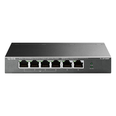 TLSF1006P - Switch PoE no administrable / 6 puertos 10/100 Mbps / 4 puertos PoE 802.3af/at / Presupuesto 67 W / Extensor hasta 250 m (820 ft) / Prioridad video