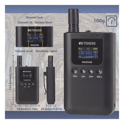 TT125 - Sistema de Guía Turístico / 2.4 GHz / 999 Canales / Alcance 150 m (492.1 ft) / 1 Transmisor y 10 Receptores / USB-C / Batería 3000 mAh
