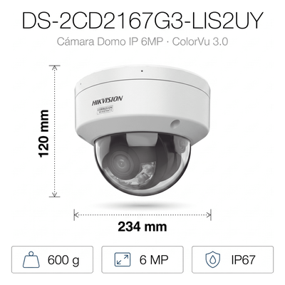 DS-2CD2167G3-LIS2UY - Hikvision Cámara Domo IP / 6 Megapixel / ColorVu 3.0 DS-2CD2167G3-LIS2UY