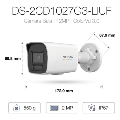 DS-2CD1027G3-LIUF - Hikvision Cámara Bala IP / 2 Megapixel / ColorVu 3.0 DS-2CD1027G3-LIUF
