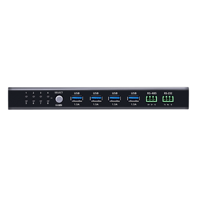 US3384I - Conmutador de Uso Compartido USB 3.2 Gen 1 Industrial | 8 Puertos para Computadoras | 4 Puertos para Dispositivos | 5 Gbps | Selección por Botón, RS-232/485 o Remoto | Power on Detection | Carcasa de Metal | Montaje en Pared