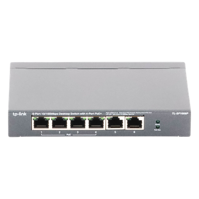 TLSF1006P - Switch PoE no administrable / 6 puertos 10/100 Mbps / 4 puertos PoE 802.3af/at / Presupuesto 67 W / Extensor hasta 250 m (820 ft) / Prioridad video