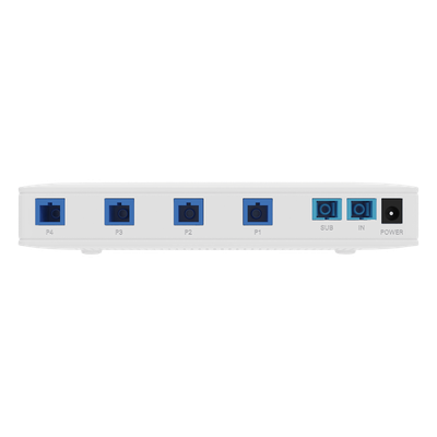 V1805PU - Splitter Activo 1x4 para Alimentación de 4 Dispositivos POF, 1 Puerto de cascadeo para continuidad, puertos SC/UPC