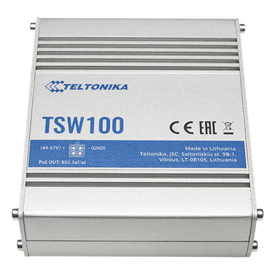 TSW100 - Switch Industrial No-Administrable / 5 Puertos Gigabit / 4 Puertos PoE+ 802.3af/at / 120W Total / -40°C a 75°C / Riel DIN / 115x32x95 mm (4.5x1.3x3.7 in)