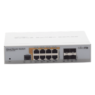 CRS112-8P-4S-IN - CRS112-8P-4S-IN, Switch PoE 8 GbEth, 4 SFP, 160w, 802.3af/at y 24v pass