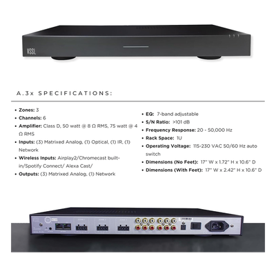 A3X - Vssl Amplificador multi-zona / 3 zonas / 6x50W A3X