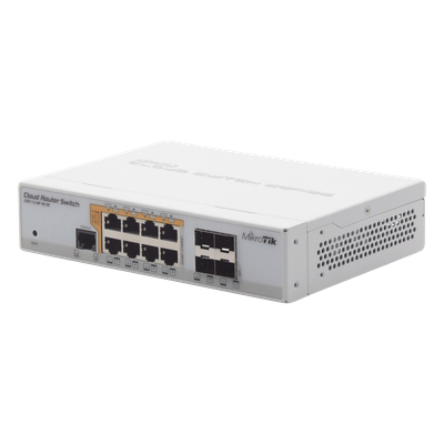 CRS112-8P-4S-IN - CRS112-8P-4S-IN, Switch PoE 8 GbEth, 4 SFP, 160w, 802.3af/at y 24v pass