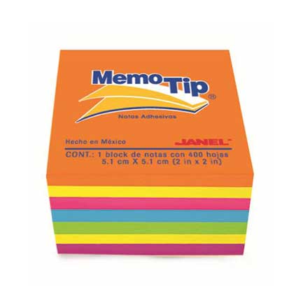 Notas Adhesivas Janel Memo Tip Mini Cubo 2X2 Neon C/400 - 6590202297 FullOffice.com