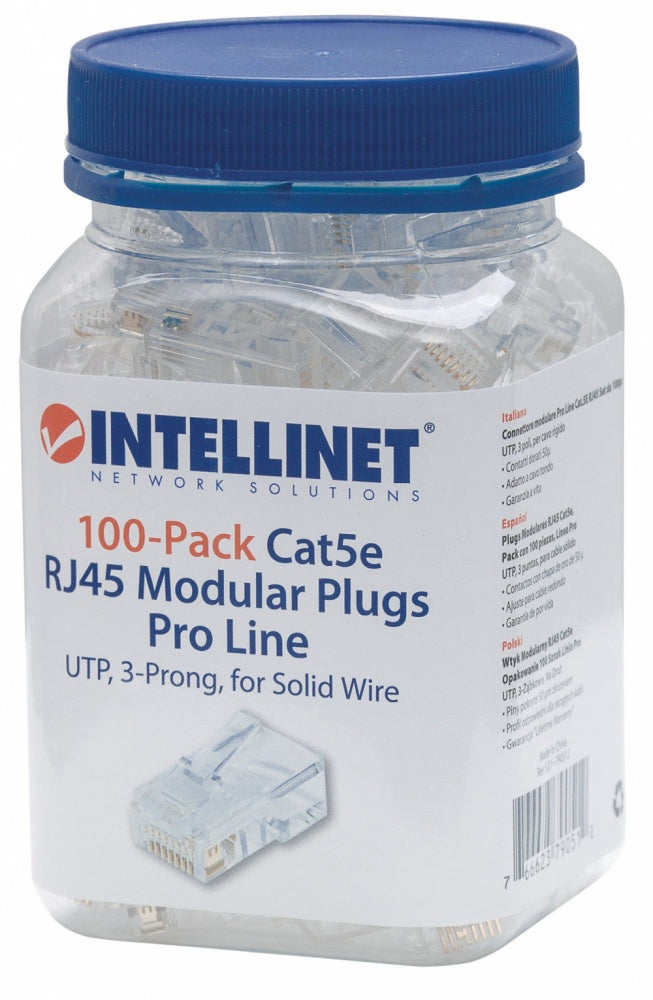 Plug Intellinet Rj45 Cat5E Solido Utp Oro 50 Micras Pro Bote C/100 Pzas - 790512 FullOffice.com
