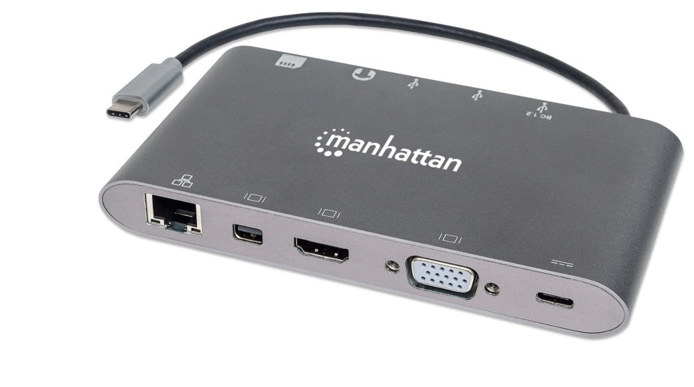 Estación Docking Manhattan Usb-C A Hdmi/Dpmini/Svga/Rj45/3.5Mm Super Velocidad Color Gris - 152808 FullOffice.com