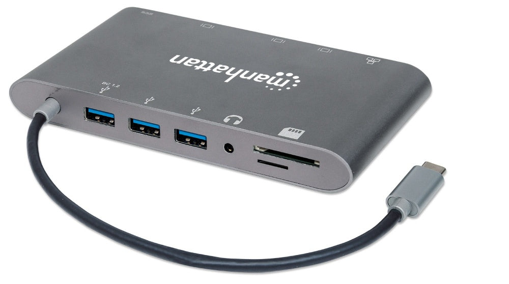 Estación Docking Manhattan Usb-C A Hdmi/Dpmini/Svga/Rj45/3.5Mm Super Velocidad Color Gris - 152808 FullOffice.com