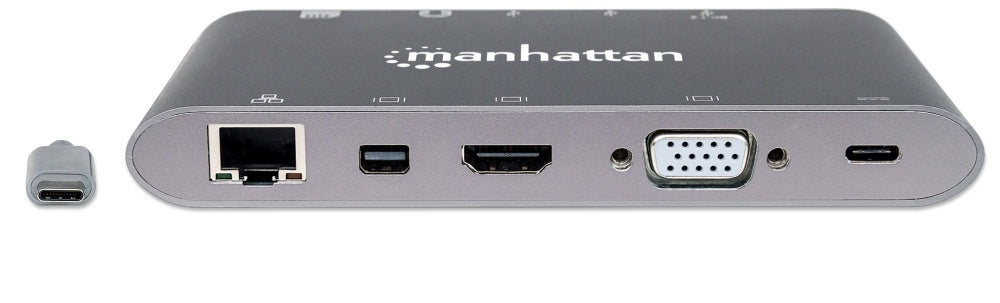 Estación Docking Manhattan Usb-C A Hdmi/Dpmini/Svga/Rj45/3.5Mm Super Velocidad Color Gris - 152808 FullOffice.com