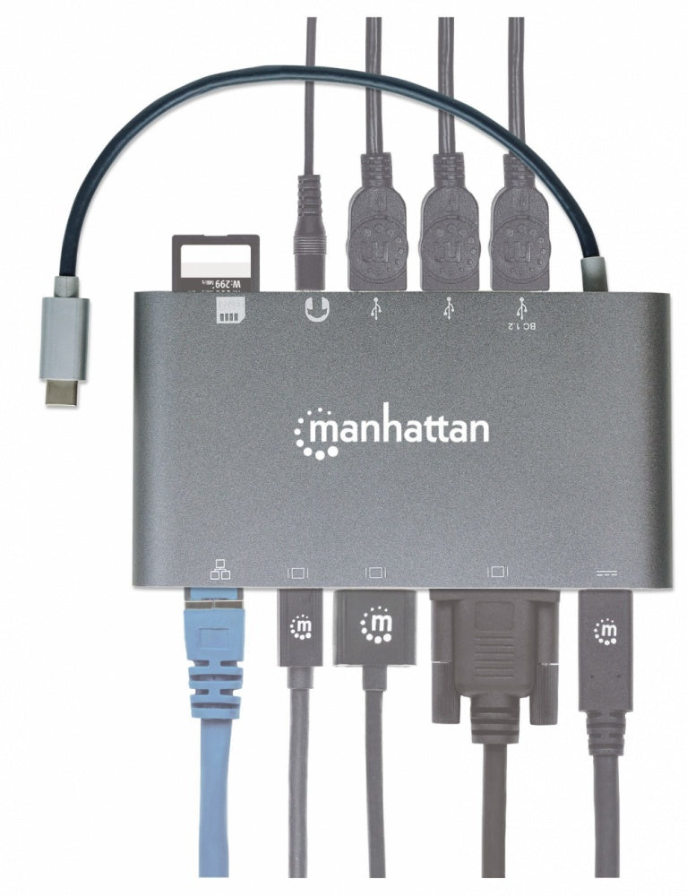 Estación Docking Manhattan Usb-C A Hdmi/Dpmini/Svga/Rj45/3.5Mm Super Velocidad Color Gris - 152808 FullOffice.com