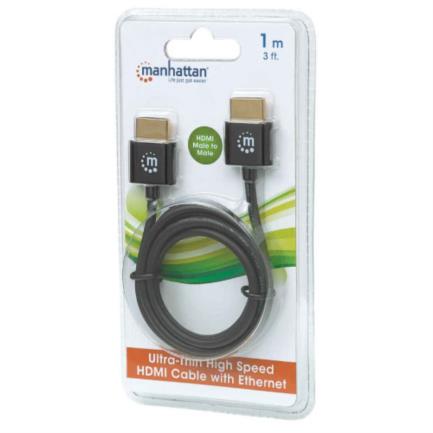 Cable Manhattan Hdmi M-M Ultra Delgado Alta Velocidad Con Ethernet 1M Color Negro - 394352 FullOffice.com