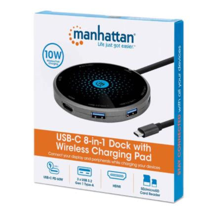Docking Manhattan Usb-C A Hdmi Usb-C Pd 3Xusb-A Lector Tarjetas Con Base Carga Inalámbrica - 166560 FullOffice.com
