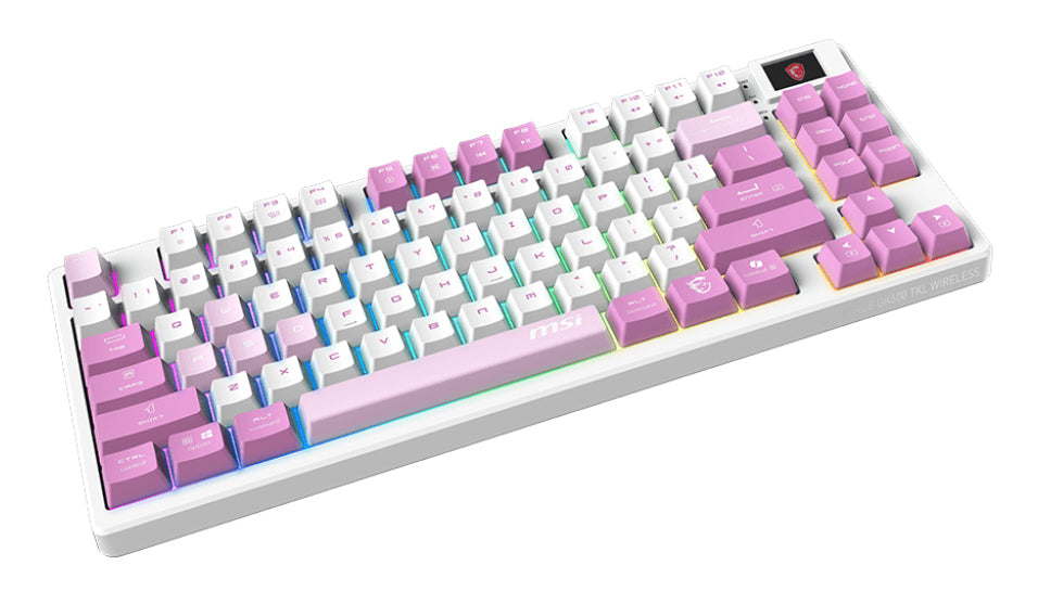 MSI FORGE GK600 TKL WIRELESS VIOLET teclado Juego USB + Bluetooth QWERTY Español Rosa, Violeta, Blanco, Inalámbrico, Interruptor mecánico, LED RGB