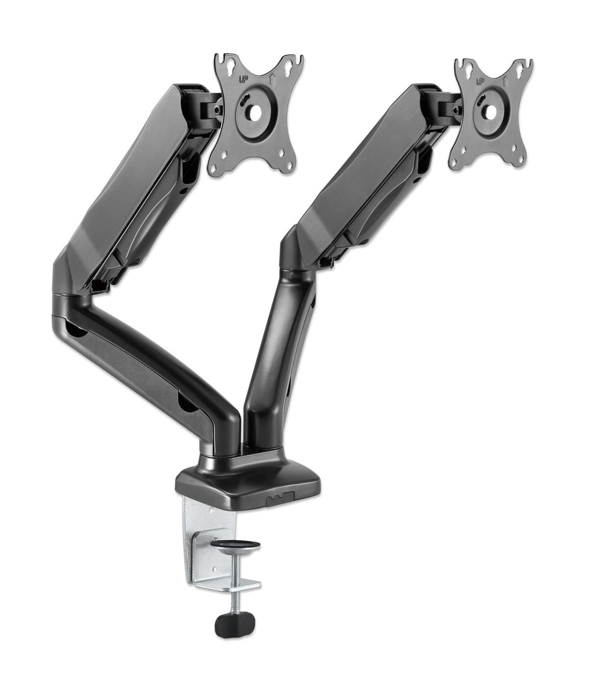 Manhattan Soporte doble de sobremesa para TV/monitores (Articulado con muelle), para pantallas de 10" a 27", fijación con abrazadera o por ojal, Compa