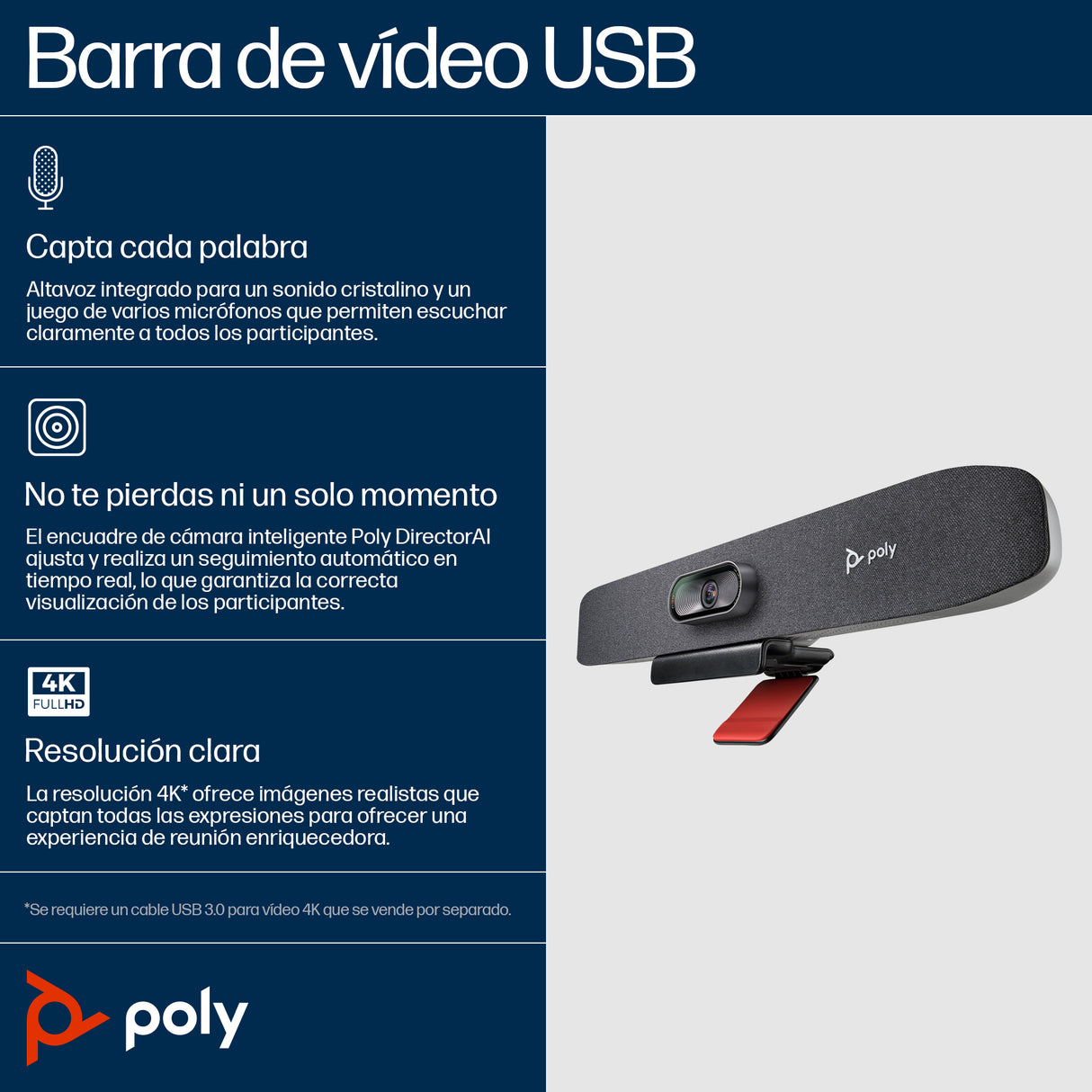HP Poly Barra de video USB Poly Studio R30, 4K Ultra HD, 3840 x 2160 Pixeles, Gris