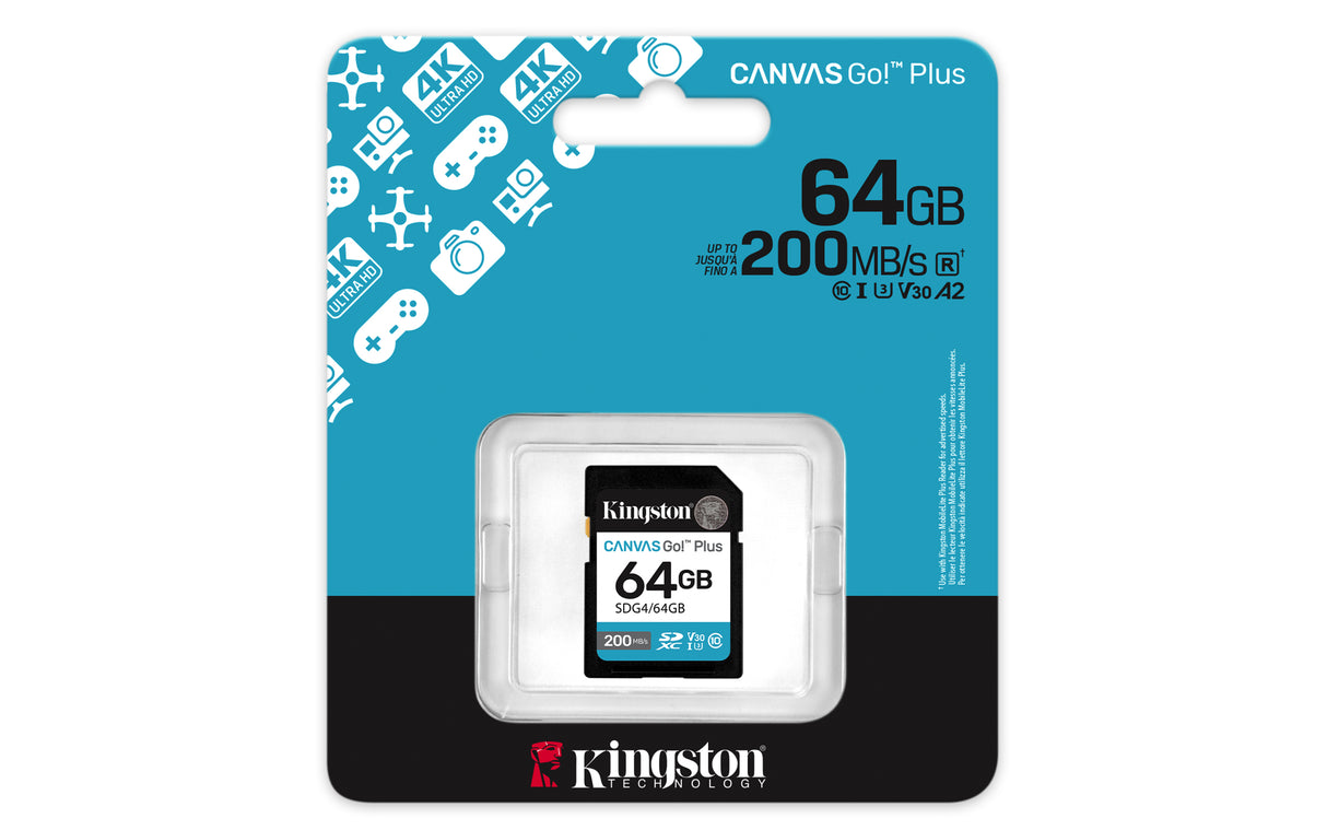 Kingston Technology Canvas Go! Plus 64GB SDXC Canvas Go Plus Gen4 200MB/s C10 UHS-I U3 V30 Memoria Flash 64 GB SDXC 200 MB/s 100 MB/s