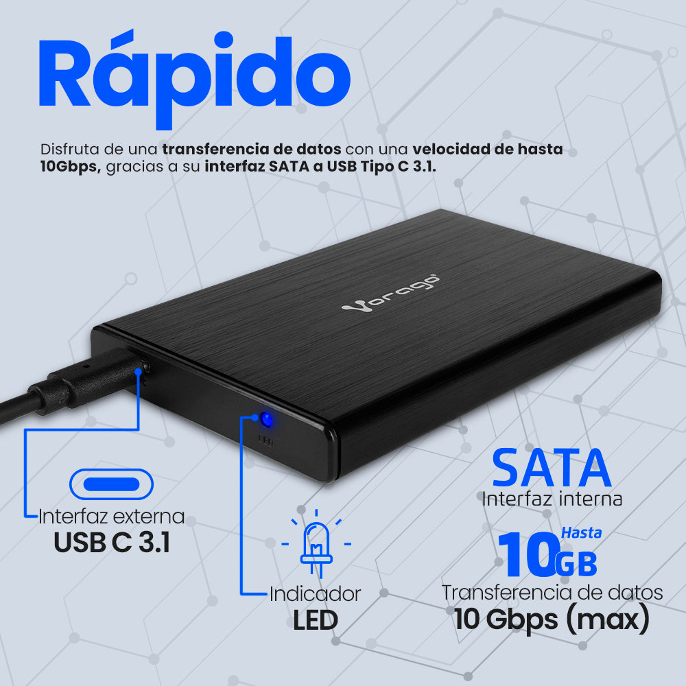 Vorago HDD-202 caja para disco duro externo Cubierta de disco duro/SSD Negro 2.5", SATA, 10 Gbit/s, Conexión USB
