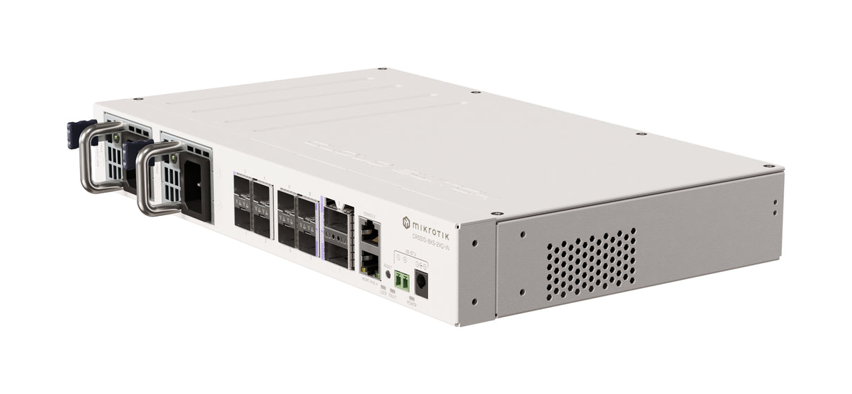 CRS510-8XS-2XQ-IN, Switch CPU 650MHz, 128MB RAM, 1 Eth 10/100, 8 SFP28 25G, 2 QSFP28 100G, CA/CD y 802.3bt PoE-in, Route