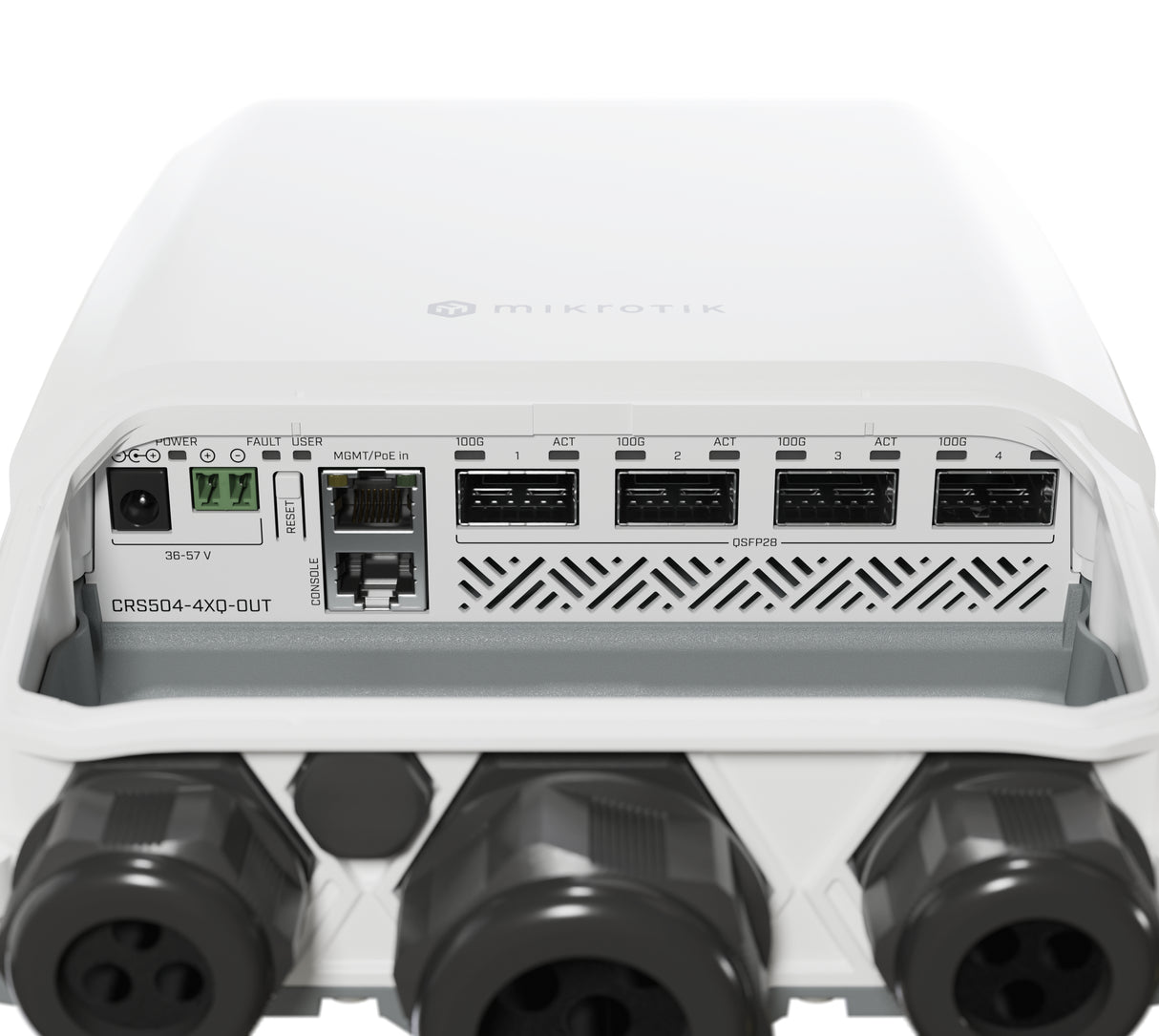 CRS504-4XQ-OUT, Switch exteriores CPU 650MHz, 128MB RAM, 1 Eth 10/100, 4 QSFP28 100G, CD jack y 802.3bt PoE-in, RouterOS