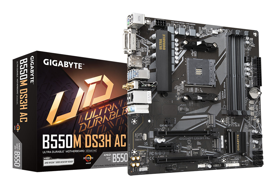 GIGABYTE B550M DS3H AC Placa base - Procesadores AMD Ryzen 5000, VRM de 5+3 fases, hasta 4733 MHz DDR4, 1xPCIe 4.0 + 1xPCIe 3.0 M.2, Wi-Fi 5, LAN 1GbE, USB 3.2 Gen 1 placas base AMD Zócalo AM4 Zócalo AM4 DDR4-SDRAM