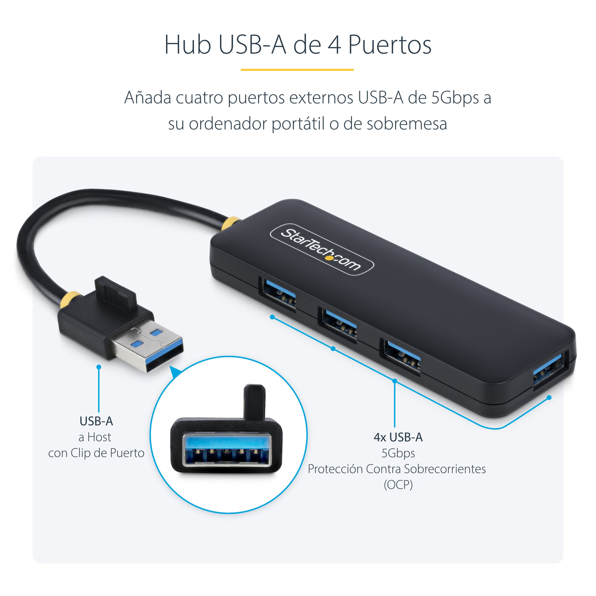 StarTech.com Hub USB-A de 4 Puertos - Ladrón USB de 4 Puertos - Alimentado por el Bus - USB 3.0 de 5Gbps - Hub Portátil