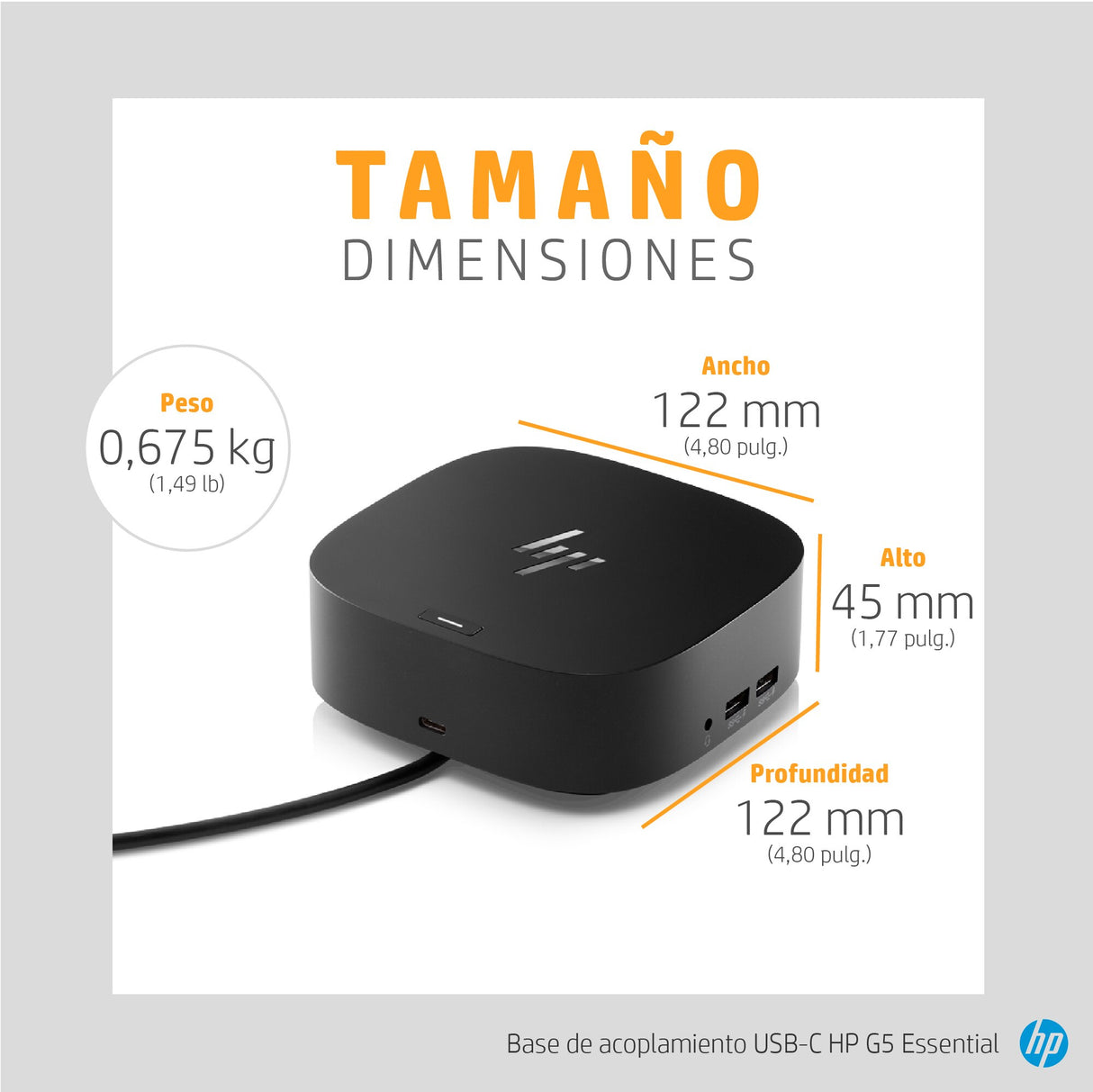 HP Base de acoplamiento USB-C G5 Essential, Alámbrico, USB 3.2 Gen 1 (3.1 Gen 1) Type-C, Negro