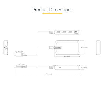 StarTech.com Hub USB-C de 3 Puertos USBA - USB 3.0 de 5Gbps - Alimentado por el Bus - Concentrador USB-C de 3 Puertos USB-A - Ladrón USB-C Portátil - Red Ethernet RJ45 Gigabit Laptop Alámbrico USB 3.2 Gen 1 (3.1 Gen 1) Type-C 1 3