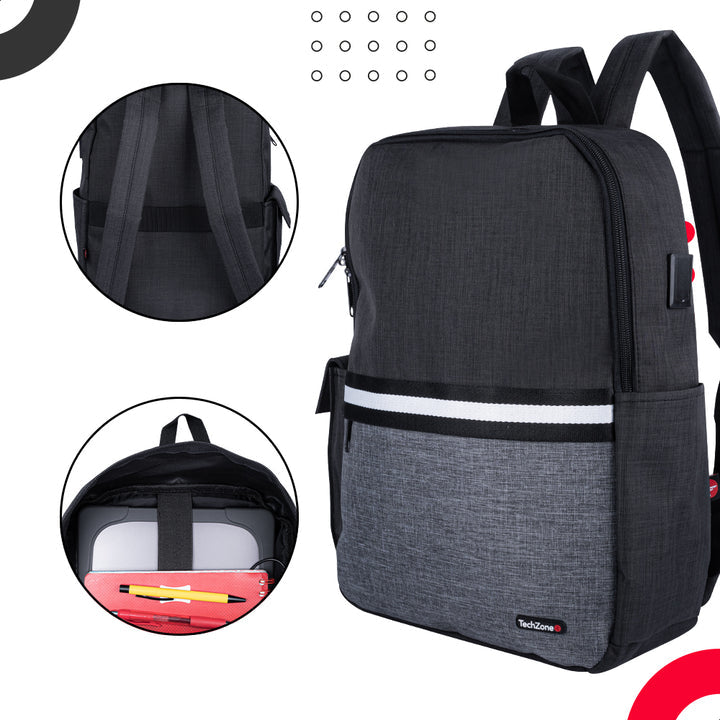 TechZone TZ21LBP01-A mochila Mochila casual Negro, Gris Nylon, Poliéster, Compartimento del portátil