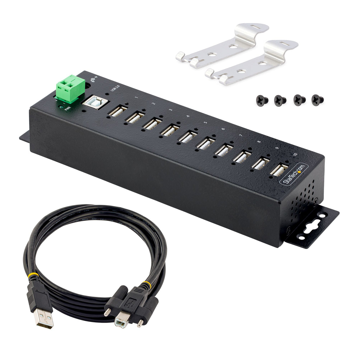 StarTech.com Hub Concentrador USB 2.0 de 10 Puertos - Hub USB Resistente con Protección de ESD de Nivel 4 - de Escritorio, Pared, DIN - con Puertos Bloqueables - Ladrón USB hubs de interfaz USB 2.0 Type-B USB 2.0 10 10