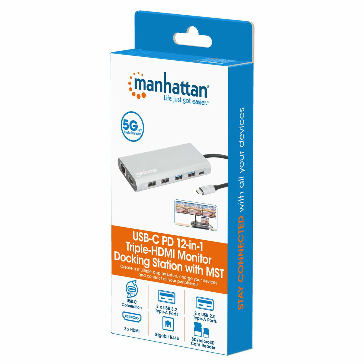 Manhattan Docking Station USB-C para Triple Monitor Laptop Alámbrico USB 3.2 Gen 1 (3.1 Gen 1) Type-C 4 2