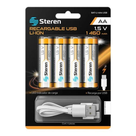Steren BAT-LI-AA4 USB pila de uso doméstico Batería recargable AA Ión de litio, 4 pieza(s), 1460 mAh