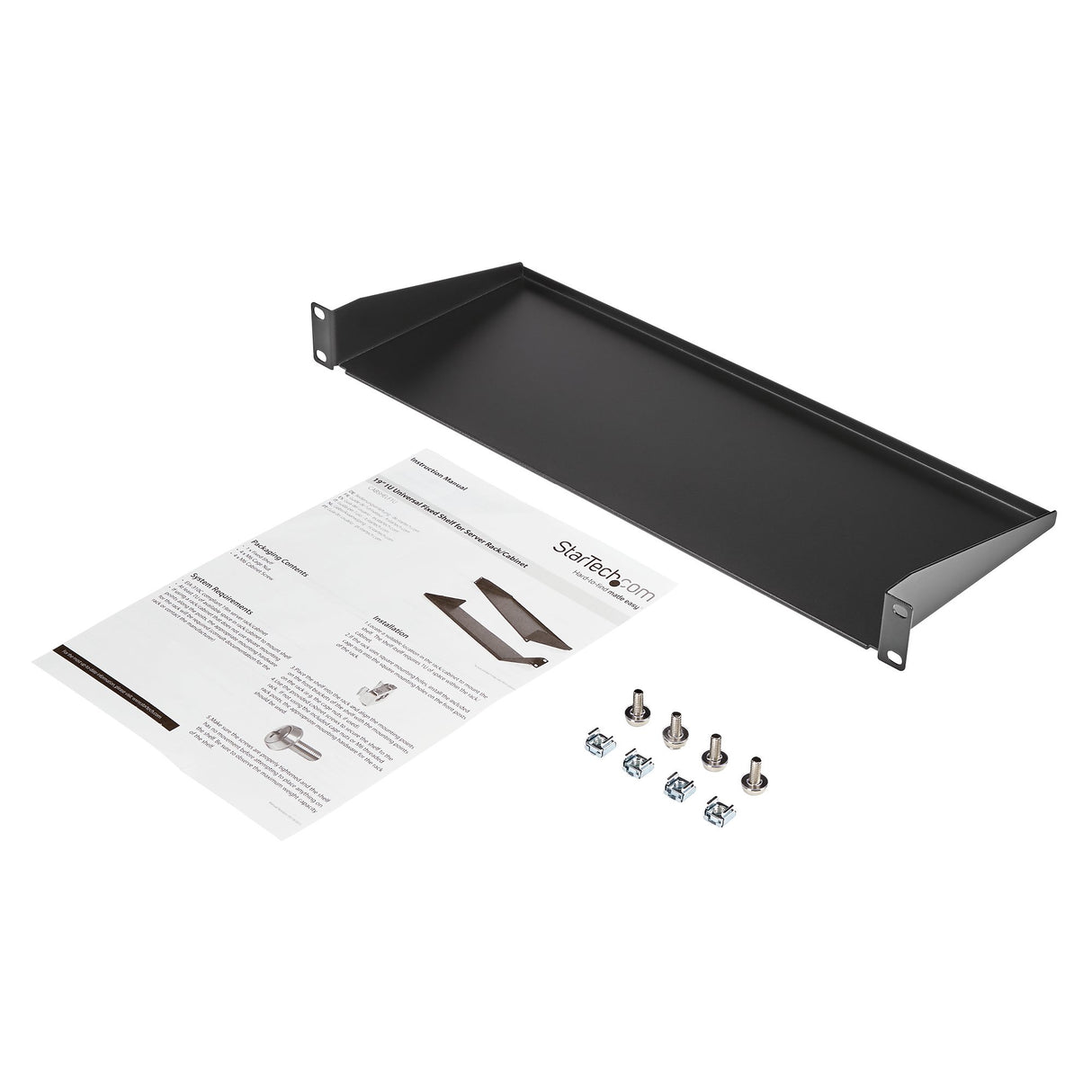 StarTech.com Bandeja Estante Fijo Voladizo Universal 1U de 19" Pulgadas para Rack Armario de Servidores - en Acero - Capacidad de 15kg - 7" (180mm) de Profundidad - Negro Rack Estantería Negro Acero 15 kg