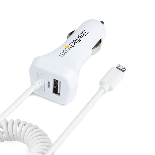 StarTech.com Cargador de Coche con Cable Rizado Lightning, Cable de 1m Rizado Lightning 12W Blanco, Cable Adaptador Carg