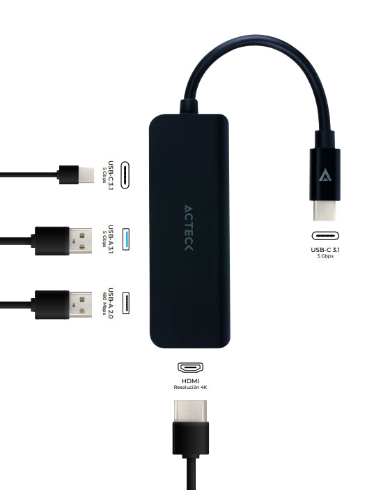 Acteck GATE 4P DH645 Alámbrico USB 3.2 Gen 1 (3.1 Gen 1) Type-C Negro