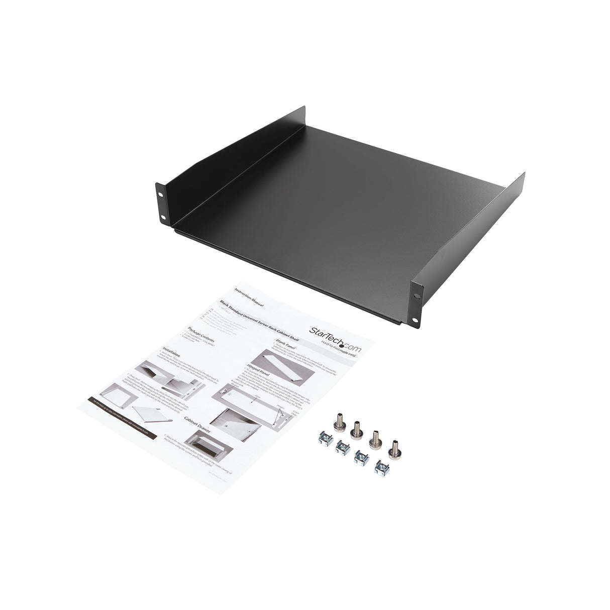 StarTech.com Estante 2U Bandeja Estándar para Armario Rack Universal de Servidores de 19 Pulgadas - de Acero de Servicio Pesado - Capacidad de Carga de 20kg - 16" de Profundidad - Negro Rack Estantería Negro Acero 20 kg