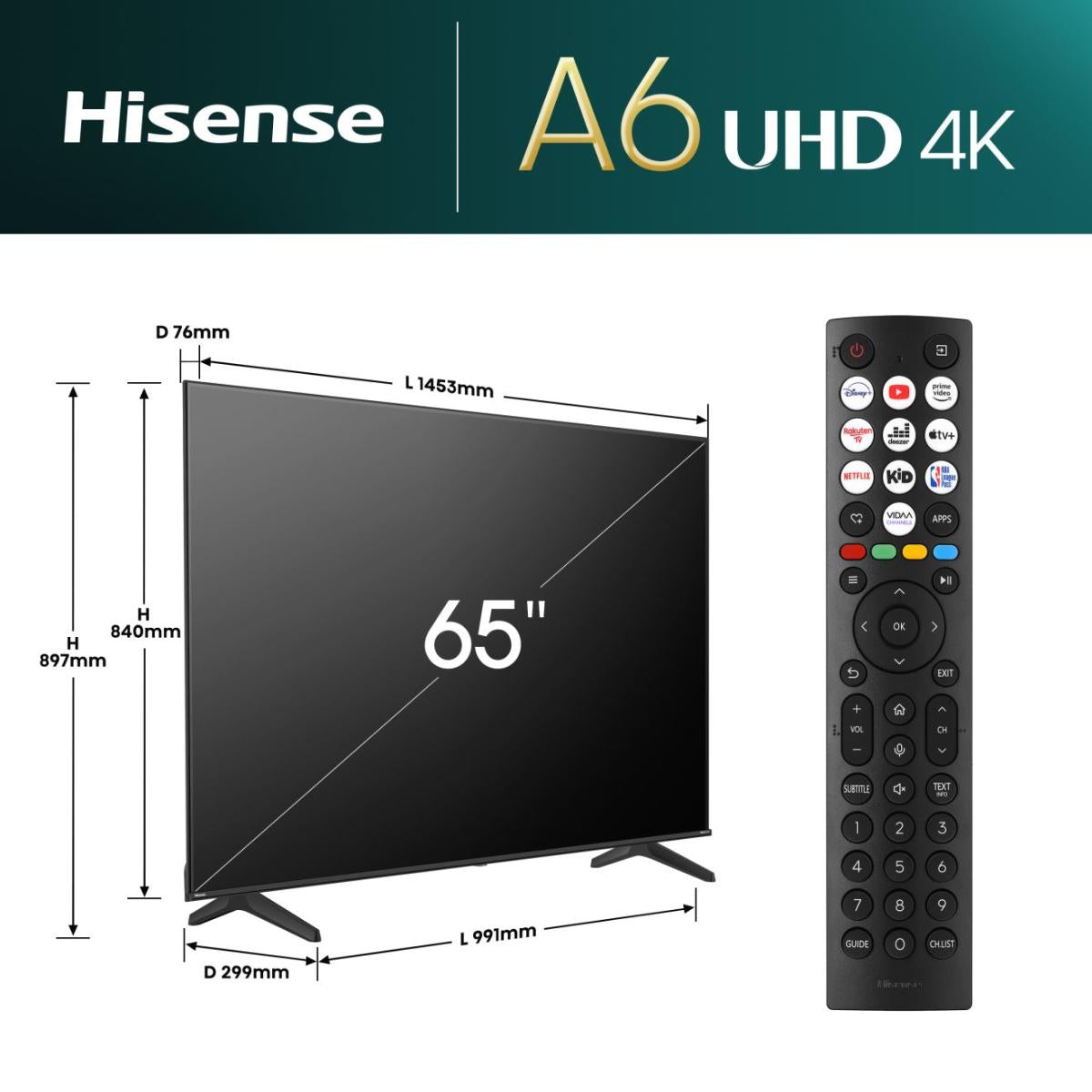 Hisense 65A6N Televisor 165,1 cm (65") 3840 x 2160 Pixeles 4K Ultra HD LED Smart TV Wifi Negro