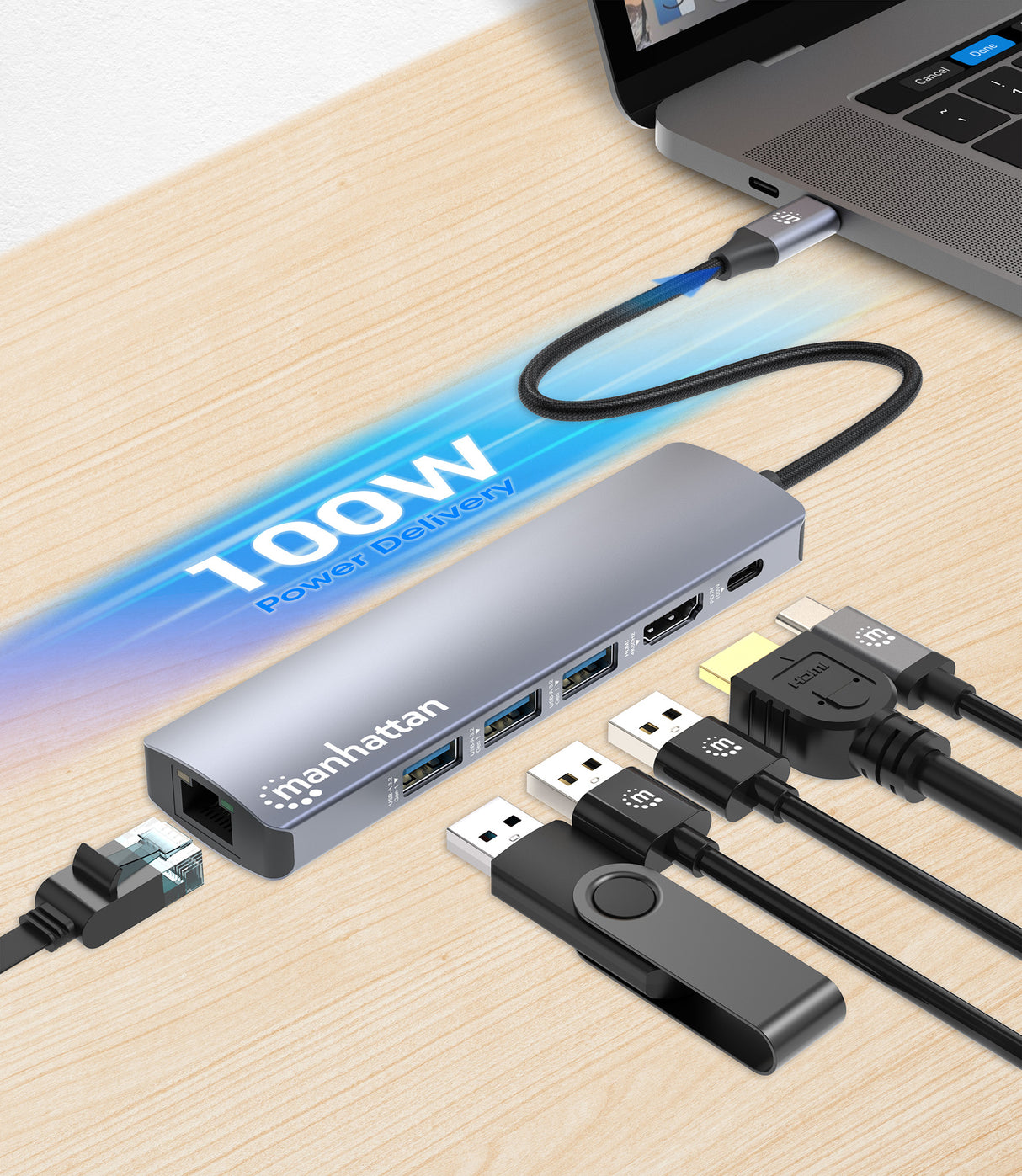 Manhattan Hub/dock USB-C, puertos (6): Ethernet, HDMI, 3x USB-A y USB-C, con Power Delivery (PD) 100 W- requiere cargado