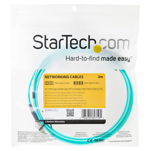 StarTech.com Cable de 2m de Fibra Óptica Multimodo OM3 LC a LC UPC - Full Duplex 50/125µm - para Redes de 100G - LOMMF/V