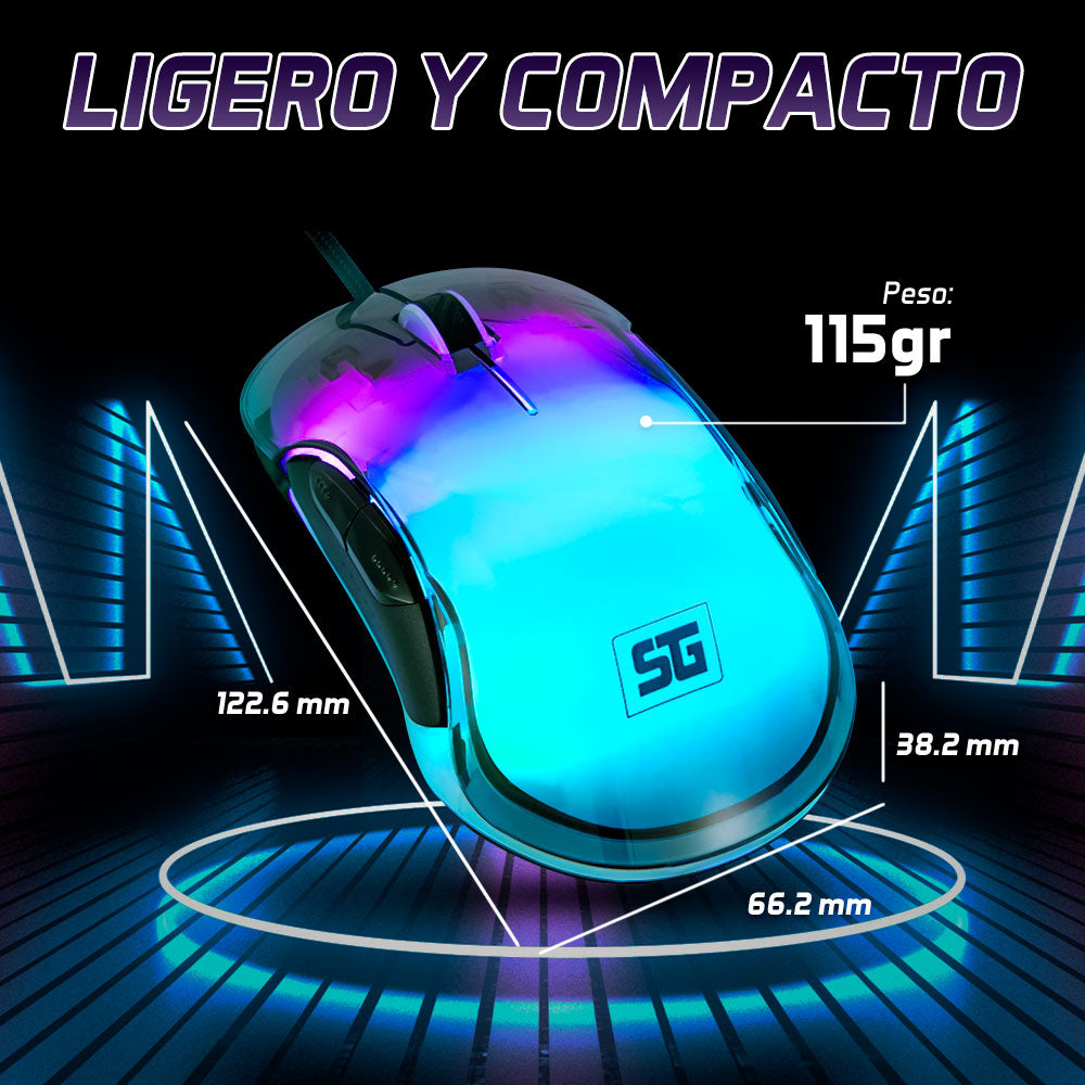 MOUSE VORAGO START THE GAME MO-505 ALAMBRICO RGB NEON HASTA 7,200 DPIS USB TRASPARENTE