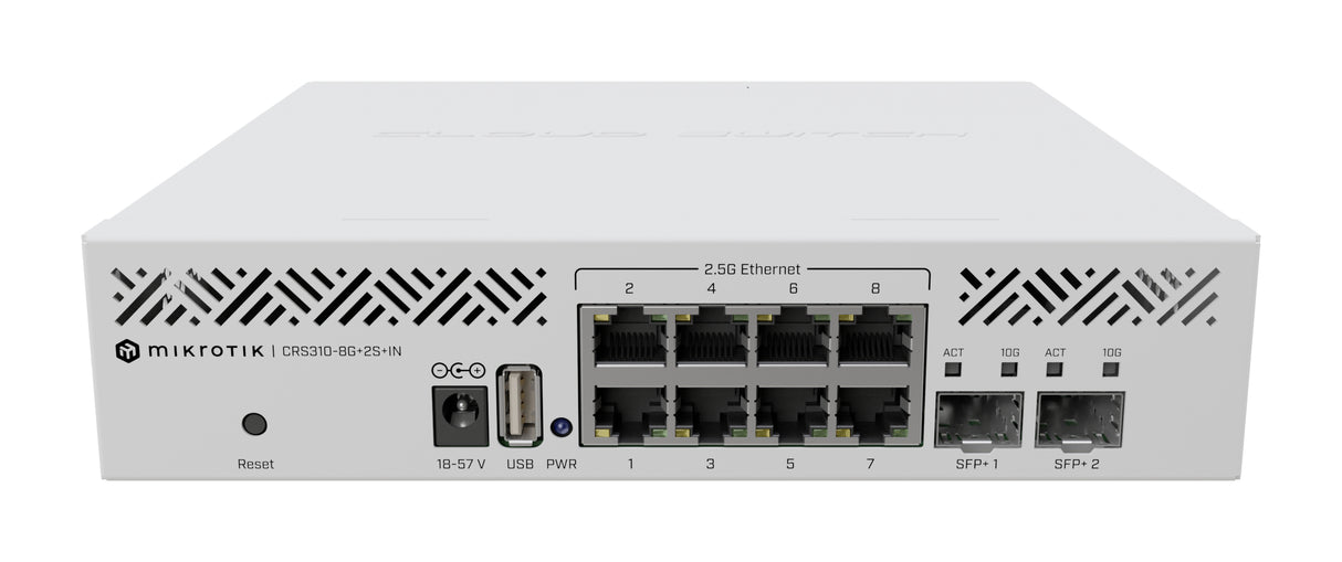 CRS310-8G+2S+IN, Router Switch CPU 800Mhz, RAM 256MB, 8x2.5GigaEth, 2xSFP+ 10Gbps, RouterOS L5