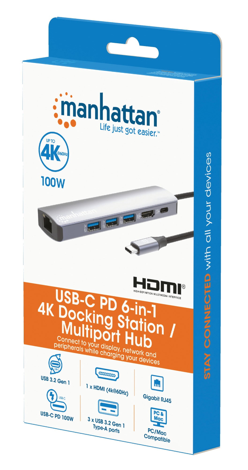 153959 - Manhattan Hub/dock USB-C, puertos (6): Ethernet, HDMI, 3x USB-A y USB-C, con Power Delivery (PD) 100 W- requiere cargado