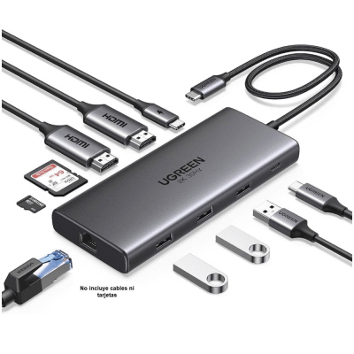 Docking Station USB-C Hub 10 en 1 UGREEN Revodok Pro 210 / Dual HDMI 4K 60Hz y 8K 30Hz / 3 Puertos USB-A + USB-C 3.0 / Carga PD 100W / Ethernet Gigabi