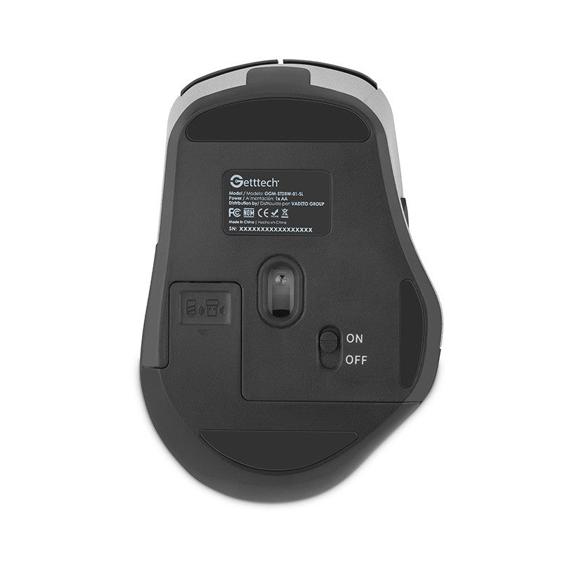 Getttech GGM-STDBW-01-SL ratón Oficina Diestro RF inalámbrico + bluetooth 7200 DPI, Negro, Plata