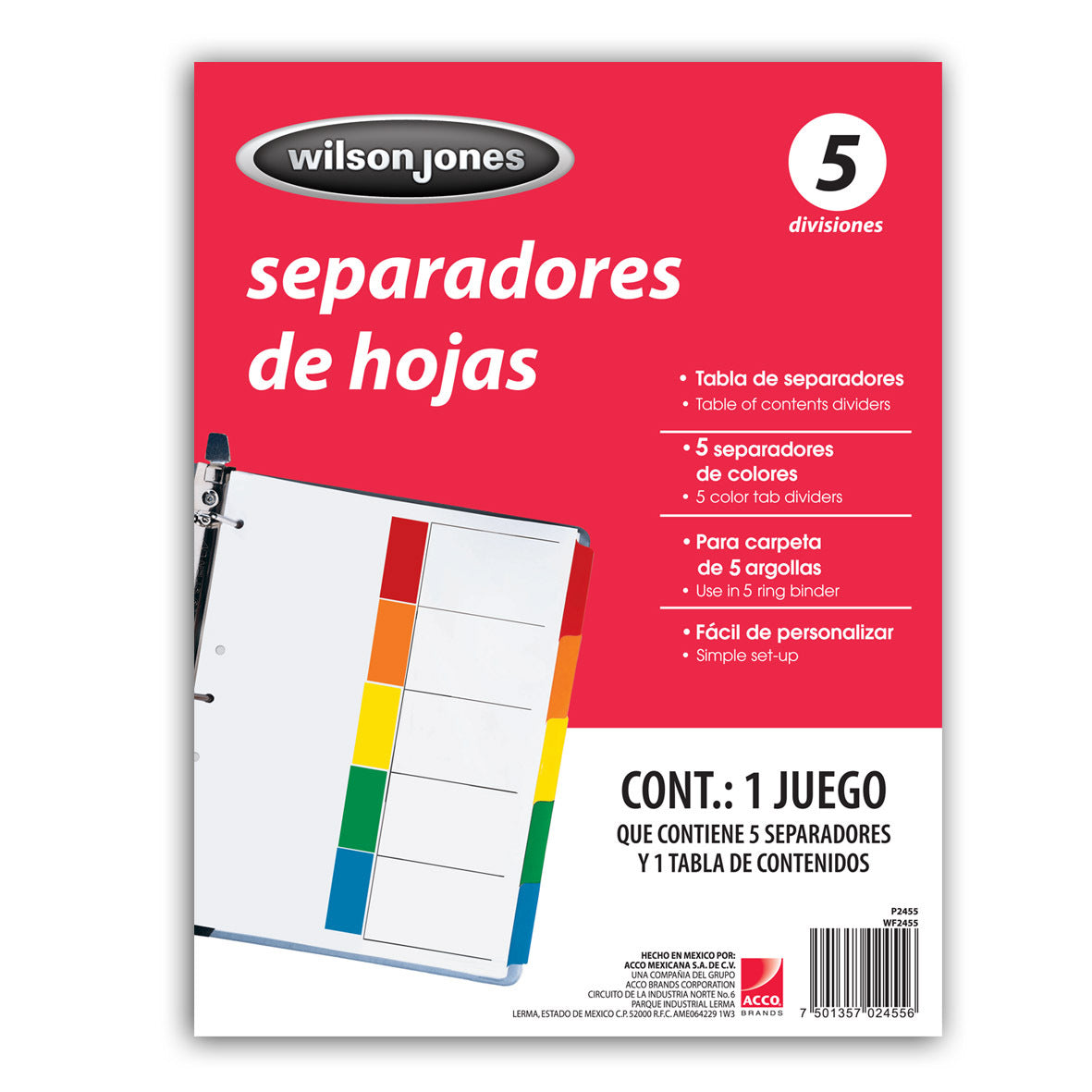 Acco P2455 divisor Rojo 5 pieza(s)