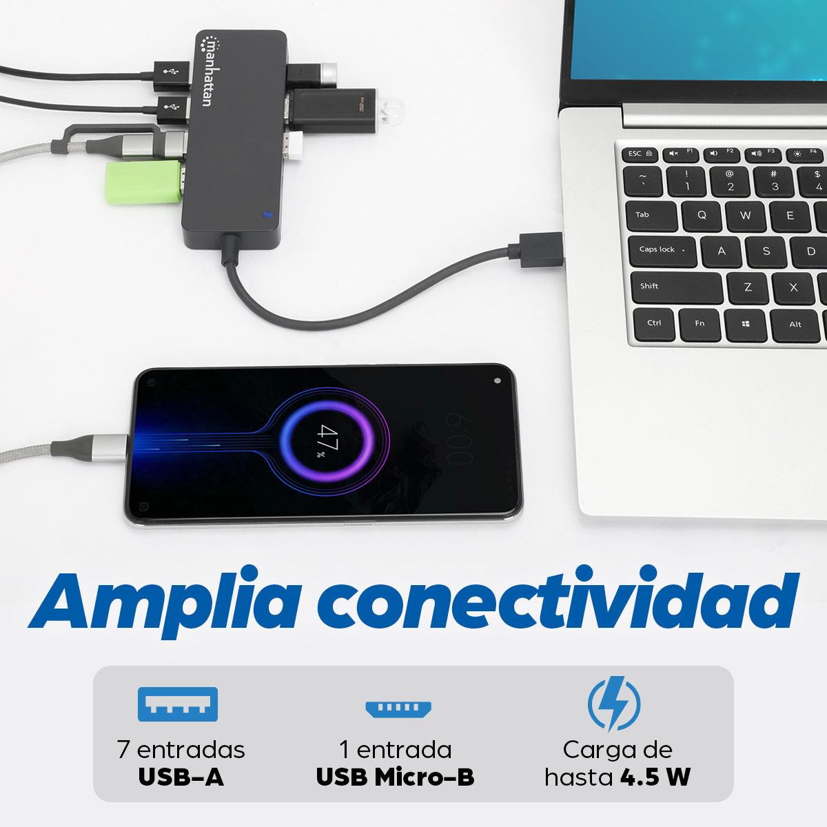 168403 - Manhattan Hub USB con 7 puertos USB-A 3.2 Hubs de interfaz 7 USB 3.2 Gen 1 (3.1 Gen 1) Type-A USB 3.2 Gen 1 (3.1 Gen 1)